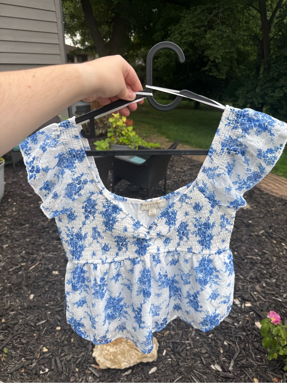 White and Blue Floral Smocked Peplum Top